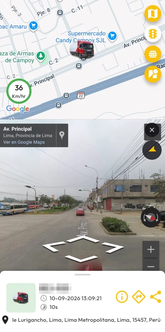 Seguimiento de un camión en la app: su posición y velocidad en el mapa, y la vista de calle de la avenida donde está.